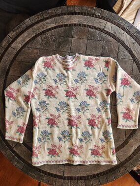 Vintage 90s Floral Tapestry Knit Sweater | Cream Cottagecore
